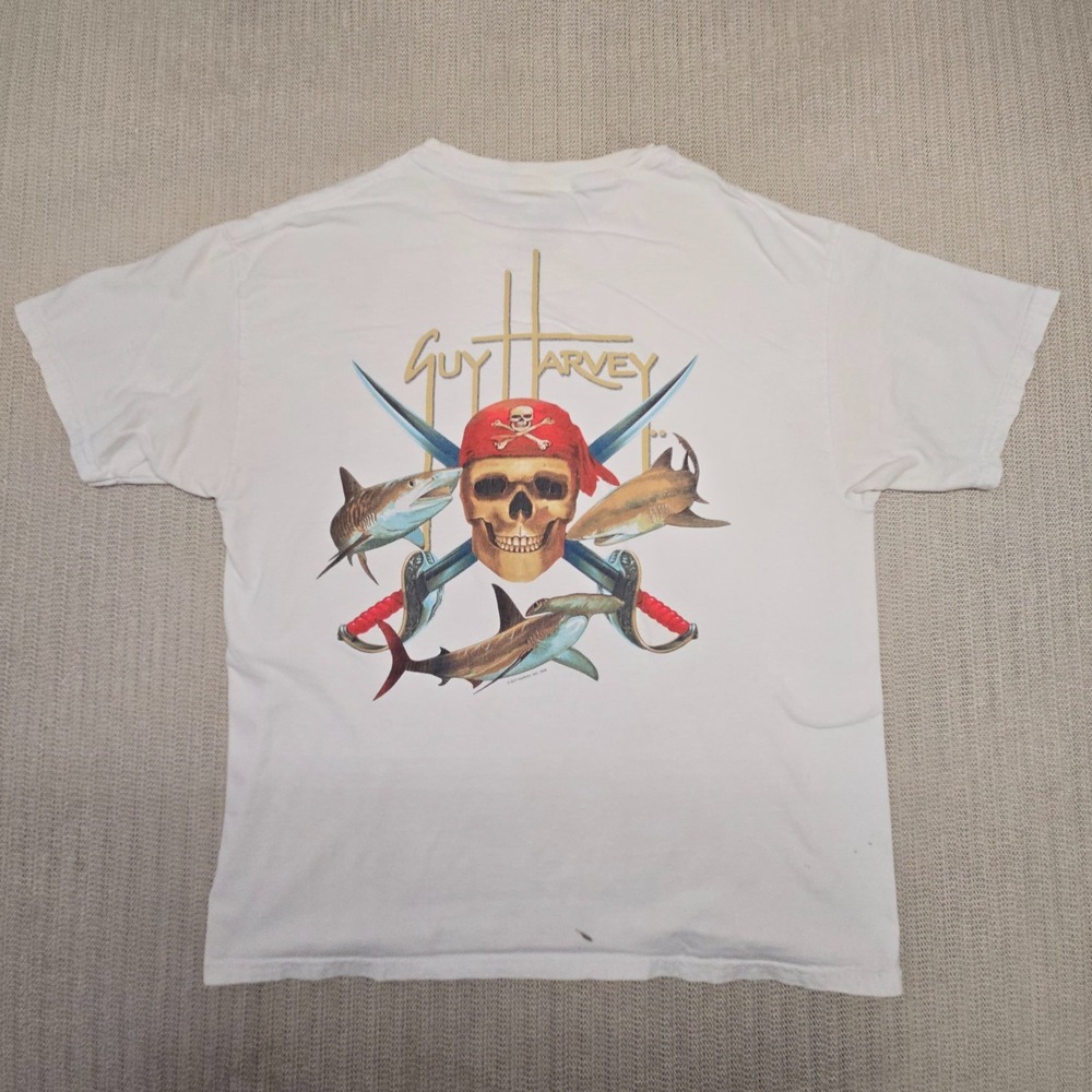 Vintage Aftco Guy Harvey Shirt Mens Large White Sharks Skull Pirate Short Sleeve